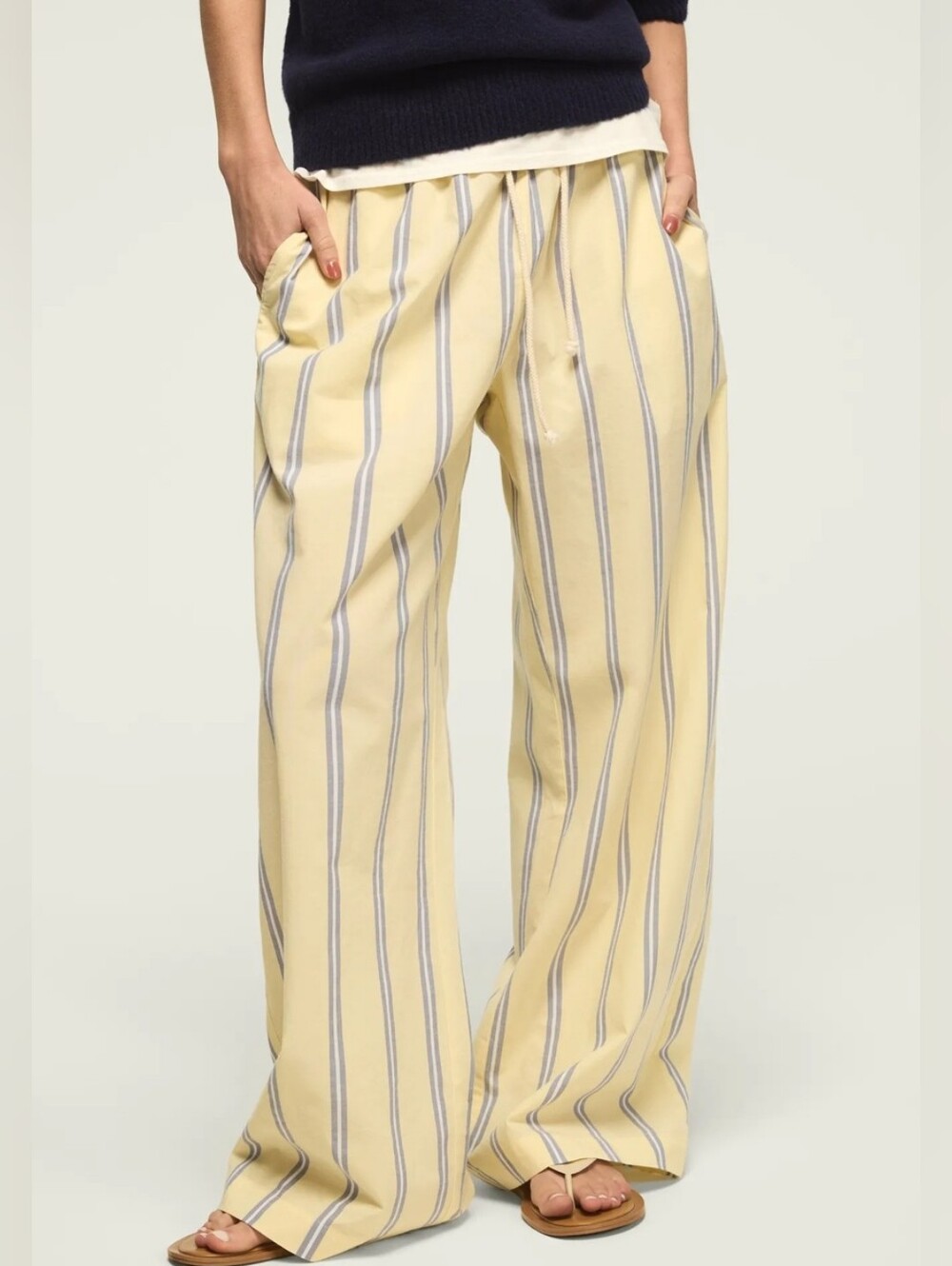 Lucky Brand Casual Yellow Stripe Wide Leg Cotton Drawstring Pants Size Medium